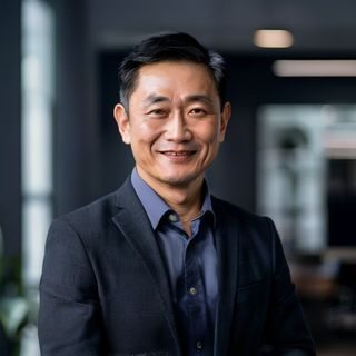陈明远，鬼父在线创始人兼CEO，身着深色衬衫，面带自信微笑，办公室背景，成熟专业气质